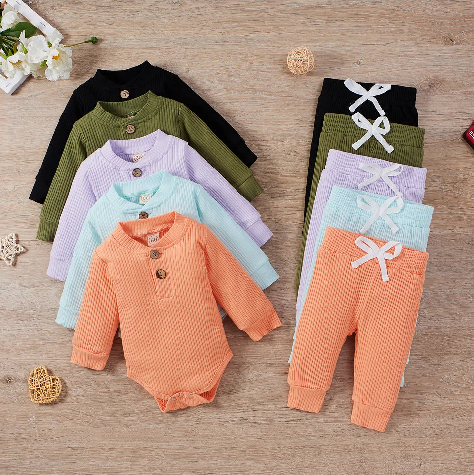 Infant Newborn Baby Girl Boy Spring Autumn Ribbed/Plaid Solid Clothes Sets Long Sleeve Bodysuits + Elastic Pants 2PCs Outfits