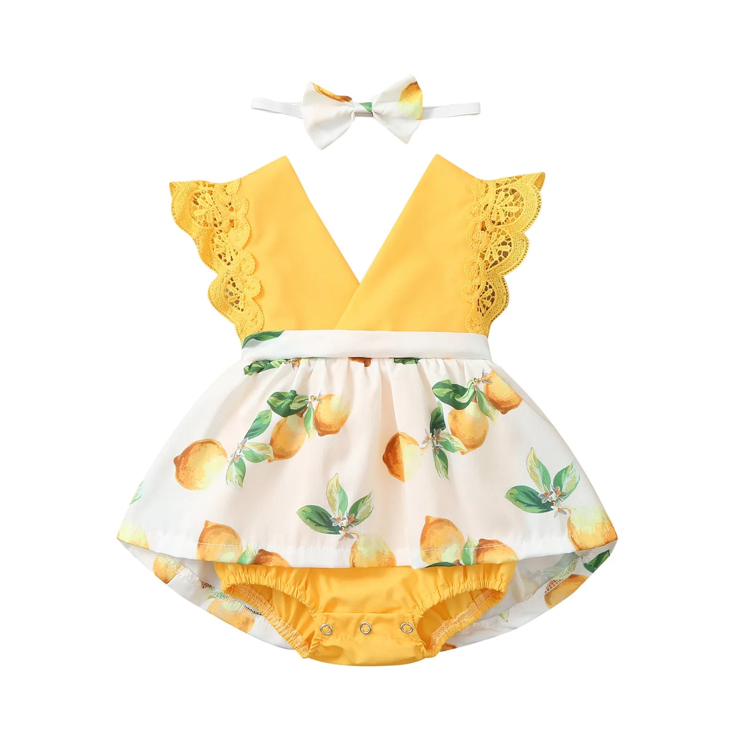 2023 Kids Summer Clohing New Toddler Kids Baby Girls Cute Lace Lemon Print Dress Romper Headbands Princess Summer Girls Clothes