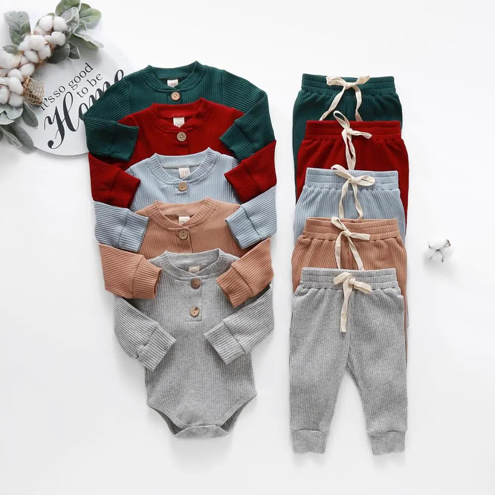 Infant Newborn Baby Girl Boy Spring Autumn Ribbed/Plaid Solid Clothes Sets Long Sleeve Bodysuits + Elastic Pants 2PCs Outfits