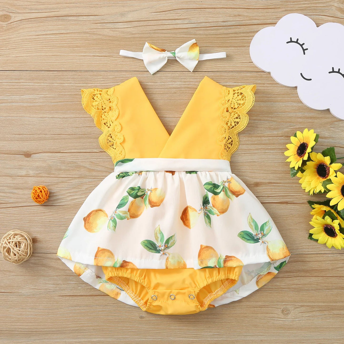 2023 Kids Summer Clohing New Toddler Kids Baby Girls Cute Lace Lemon Print Dress Romper Headbands Princess Summer Girls Clothes