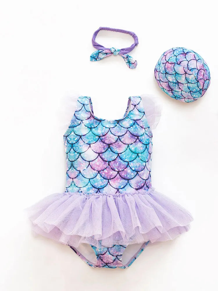 2021 New Girl Baby Mermaid Swimsuit Princess Fashion Cartoon Fish Scale Print Ballet Dance One Piece Kids Sequin Tulle Swimsuits