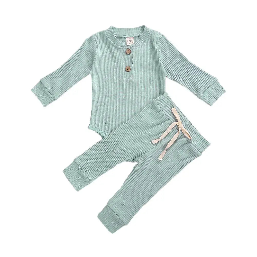 Infant Newborn Baby Girl Boy Spring Autumn Ribbed/Plaid Solid Clothes Sets Long Sleeve Bodysuits + Elastic Pants 2PCs Outfits