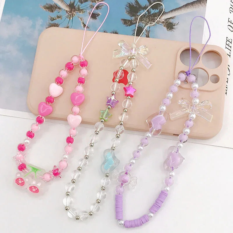 Cute Bear Butterfly Charm Phone Chain Handmade Acrylic Pearl Heart Beaded Pendant Telephone Strap Women DIY Jewelry Accessories