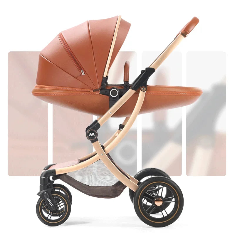 New Luxury Baby Stroller 3 In 1,Baby Carriage with Car Seat,Eggshell Newborn Baby Stroller Leather Baby Carriage High Landscape