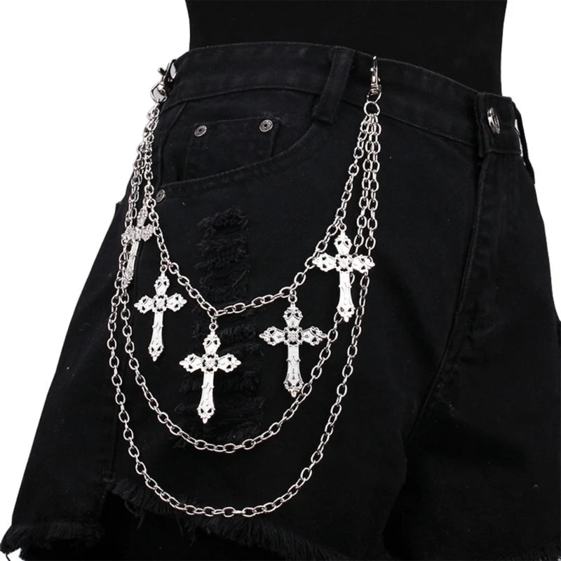 Punk Jeans Pants Chain Multi Layer Chain Punk Cross Charm Waist Wallet Chain Harajuku Belt for Hip Hop Dancers