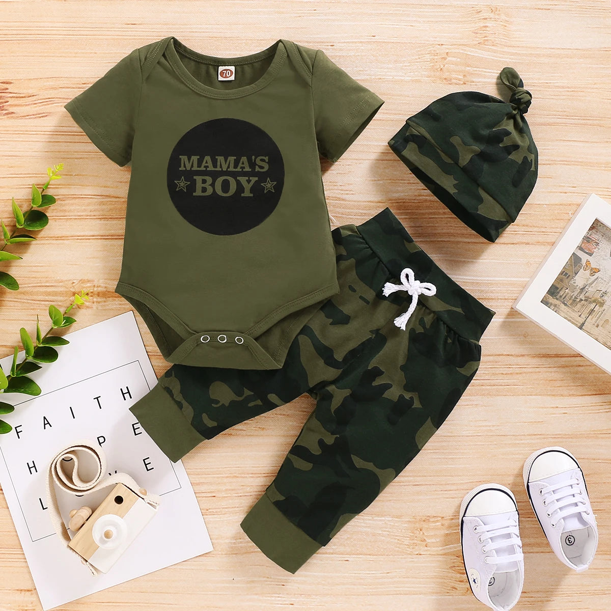 0-18 Months Newborn Baby Boy Baby Girl Clothes Set Letter Print Short Sleeve Bodysuit + Camouflage Pants + Headband Outfit