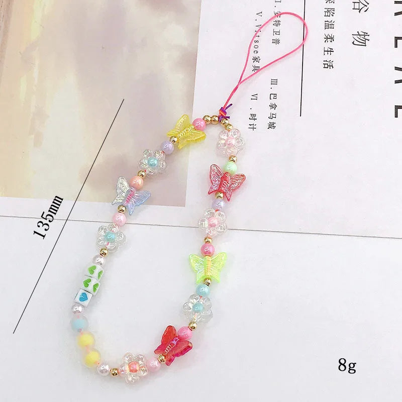 Cute Bear Butterfly Charm Phone Chain Handmade Acrylic Pearl Heart Beaded Pendant Telephone Strap Women DIY Jewelry Accessories