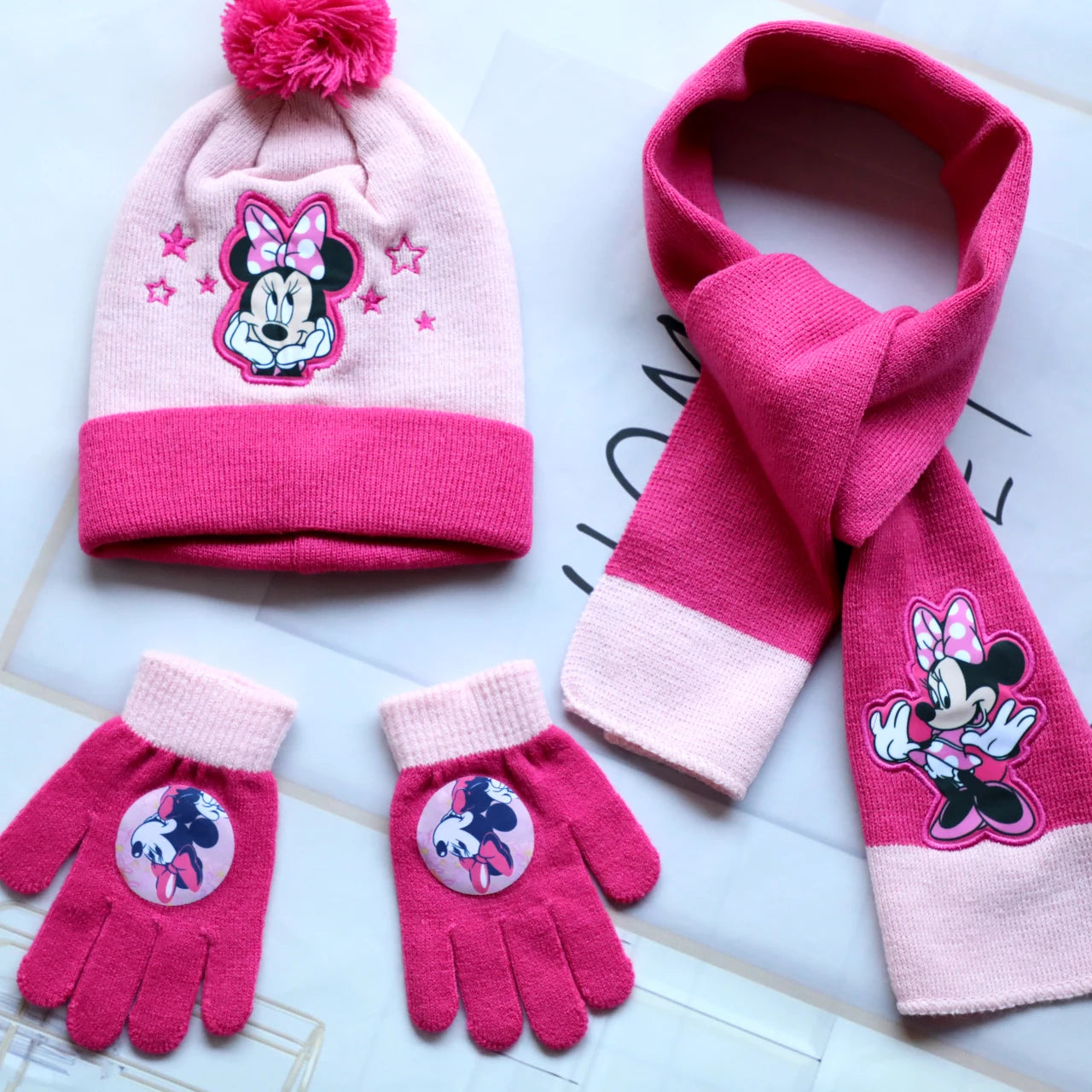 Disney New Autumn and Winter Cute Children Minnie Cartoon Scarf Hat Glove three-piece Warm Boy Girl Child Christmas hat Gift