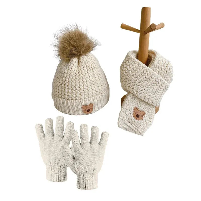 3Pcs Kids Hat Scarf and Snow Gloves Set Winter Knit Warm Soft Outdoor for Boys Girls and Toddlers