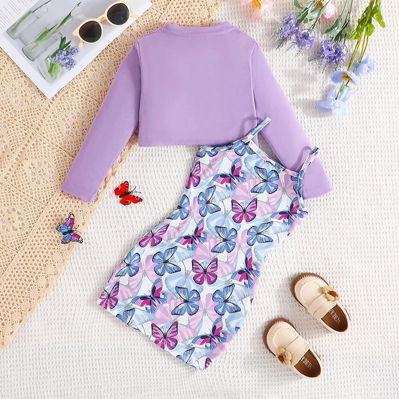 Clothing Set For Kid Girl 2-7 Years old Long Sleeve Top Cartoon Butterfly Print Suspenders Skirt Princess Dresses Summer Outfit