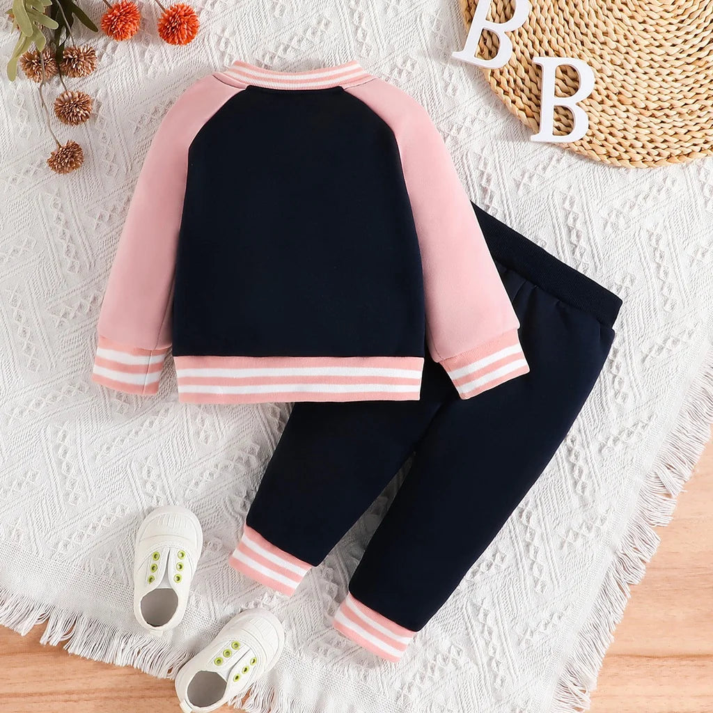 Girl 6 Months - 3 Years old Pink Baseball Uniform Button jacket Long Sleeve Coat and Pants Outfit Toddler Infant Clothing Set