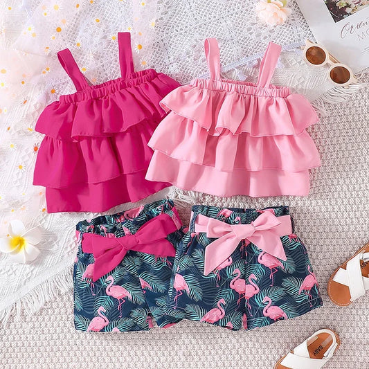 Sleeveless Croptop and Cartoon Flamingo Shorts Outfit Clothing Suit For Kids