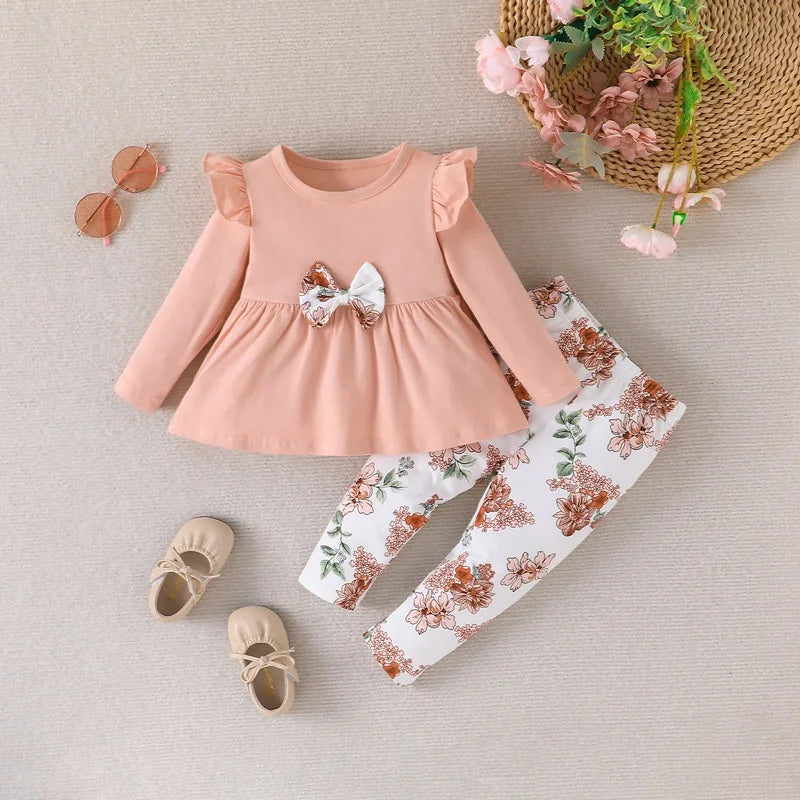 Long Sleeve Blouse and Floral Long Pants Outfit Toddler Infant Clothing Suit For Kids Girl