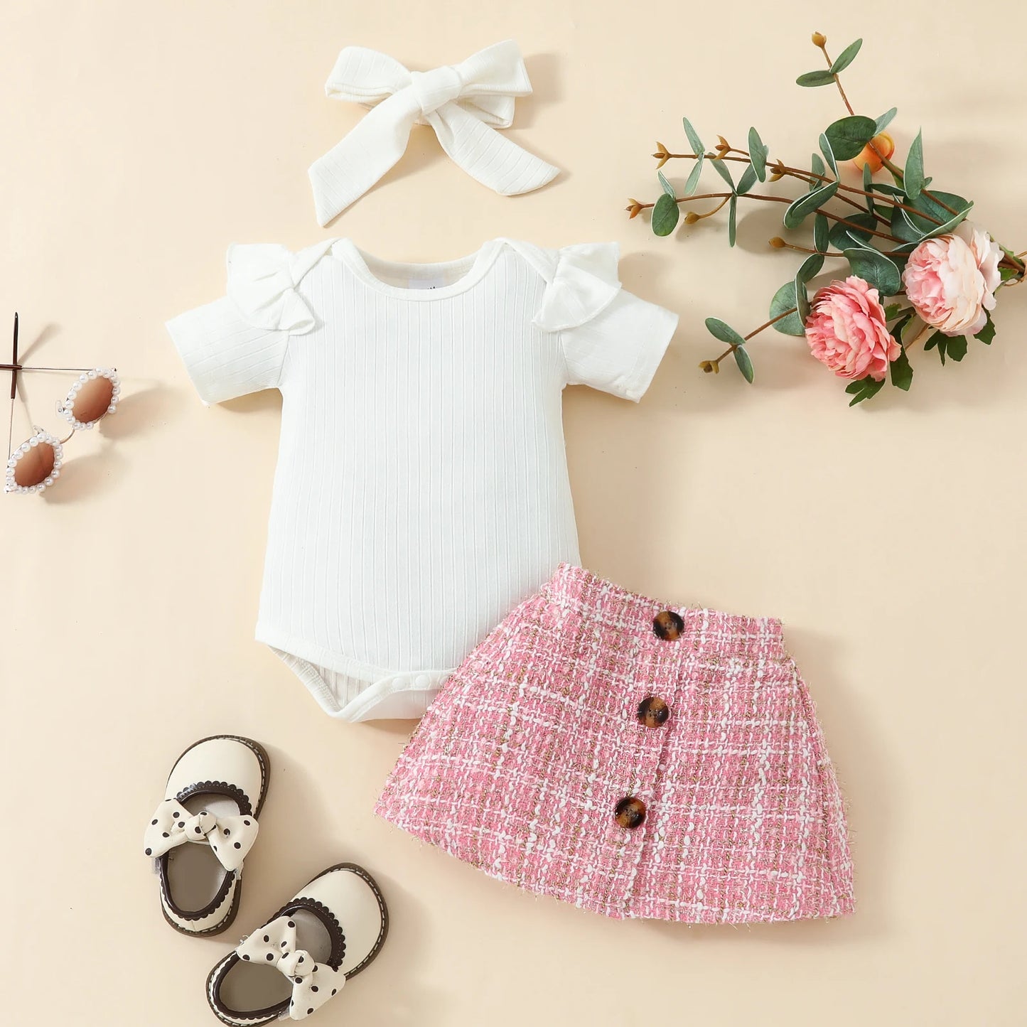 Pudcoco Infant Baby Girls 3 Piece Outfit Ruffles Short Sleeve Rompers Plaid Print Button Skirt Headband Summer Clothes Set 0-18M