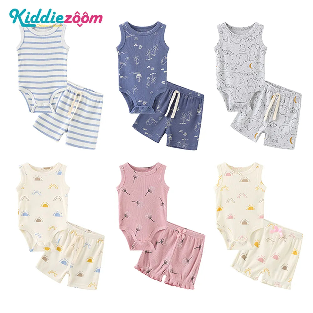 Kiddiezoom Summer Cartoon Sleeveless Newborn Clothes Sets Baby Boy Girl Bodysuits+Pants Cotton Soft Infant Outfits