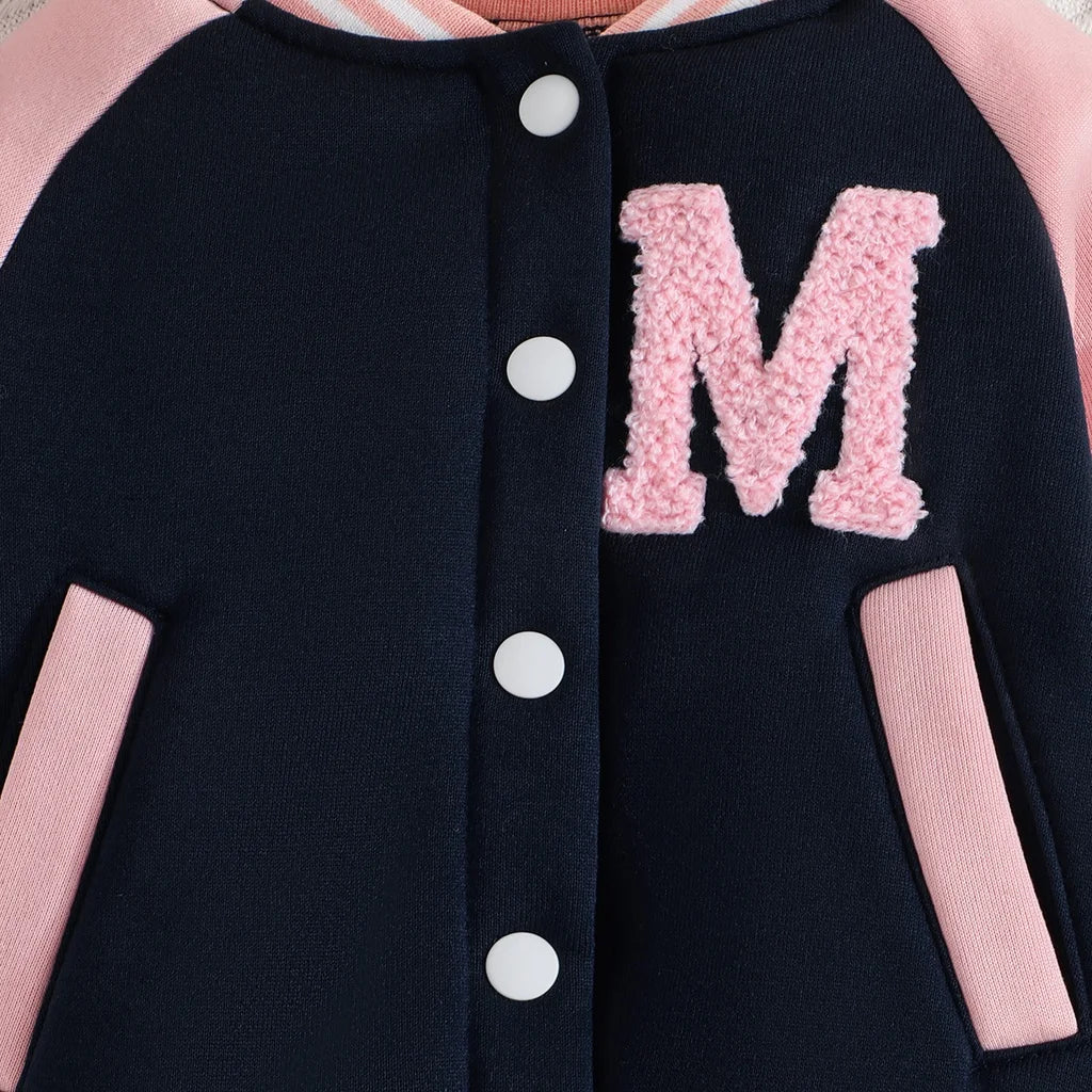 Girl 6 Months - 3 Years old Pink Baseball Uniform Button jacket Long Sleeve Coat and Pants Outfit Toddler Infant Clothing Set