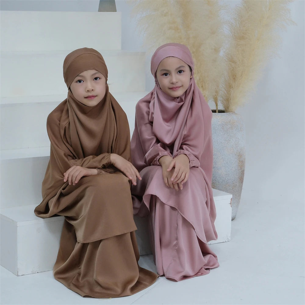 Eid Kids Prayer Garment Dress Muslim Girls Long Khimar Hijab Turkey Abaya Dresses Islamic Skirt Set Full Cover Robe Ramadan