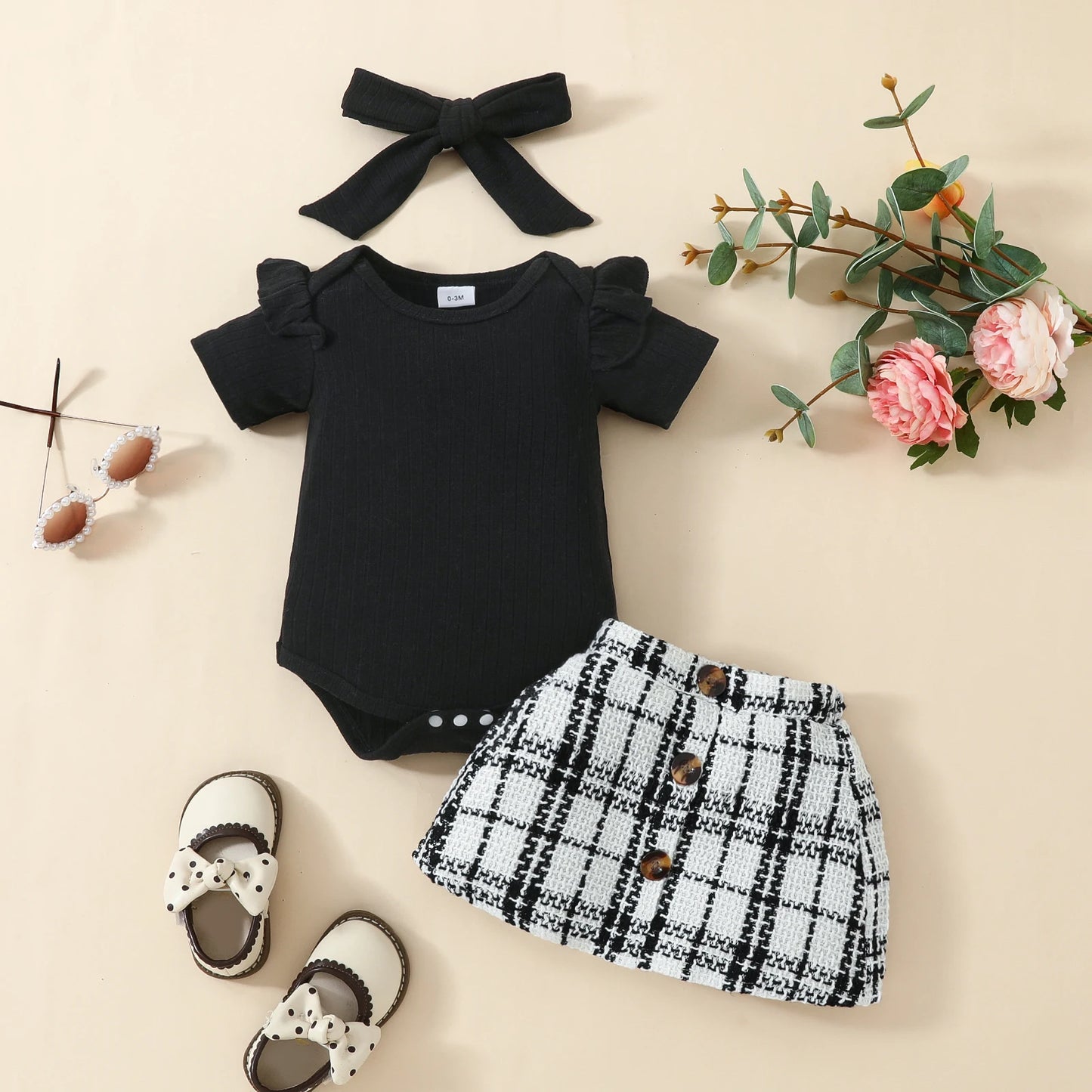 Pudcoco Infant Baby Girls 3 Piece Outfit Ruffles Short Sleeve Rompers Plaid Print Button Skirt Headband Summer Clothes Set 0-18M