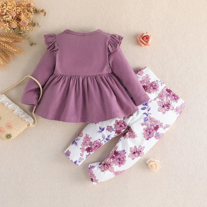 Long Sleeve Blouse and Floral Long Pants Outfit Toddler Infant Clothing Suit For Kids Girl