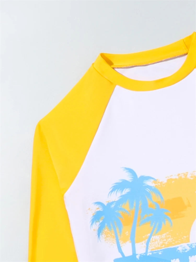 Boy Swimsuit 2024 New Coconut Tree Graffiti Long Sleeves Children Swimwear Summer Kids 2 Piece Beach Wear Swimming Bathing Suit