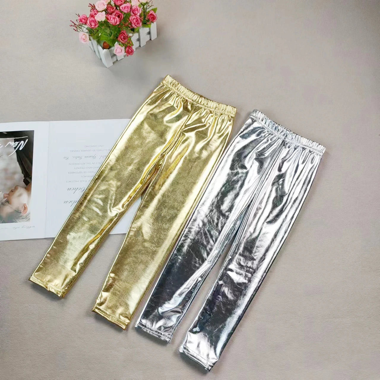 Girls' Gold leggings Children's Yoga Pants Elastic