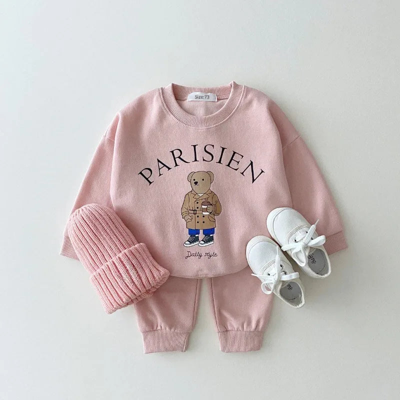 Korea 2023 Baby Boys Clothes Sets Letter Bear Girls Long Sleeve Casual Hoodie Sweatshirt+Pants 2pcs Kids Clothes Sports Suit New