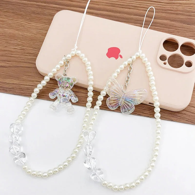 Cute Bear Butterfly Charm Phone Chain Handmade Acrylic Pearl Heart Beaded Pendant Telephone Strap Women DIY Jewelry Accessories