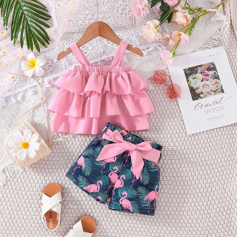 Sleeveless Croptop and Cartoon Flamingo Shorts Outfit Clothing Suit For Kids