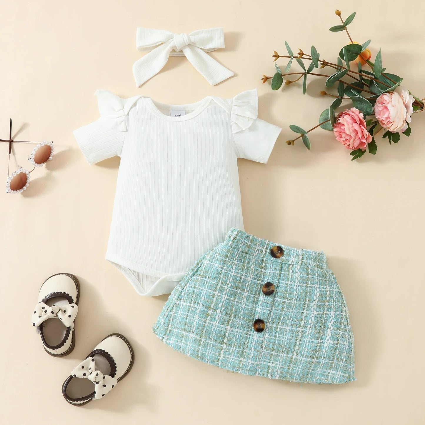 Pudcoco Infant Baby Girls 3 Piece Outfit Ruffles Short Sleeve Rompers Plaid Print Button Skirt Headband Summer Clothes Set 0-18M