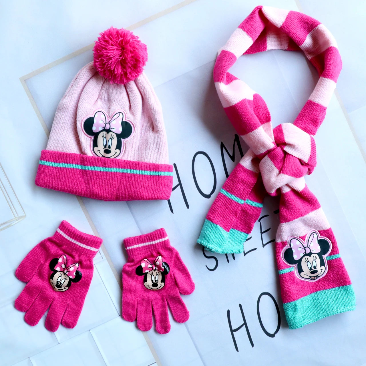 Disney New Autumn and Winter Cute Children Minnie Mouse Cartoon Scarf Hat Glove three-piece Warm Boy Girl Halloween Child hat