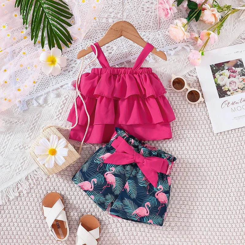 Sleeveless Croptop and Cartoon Flamingo Shorts Outfit Clothing Suit For Kids