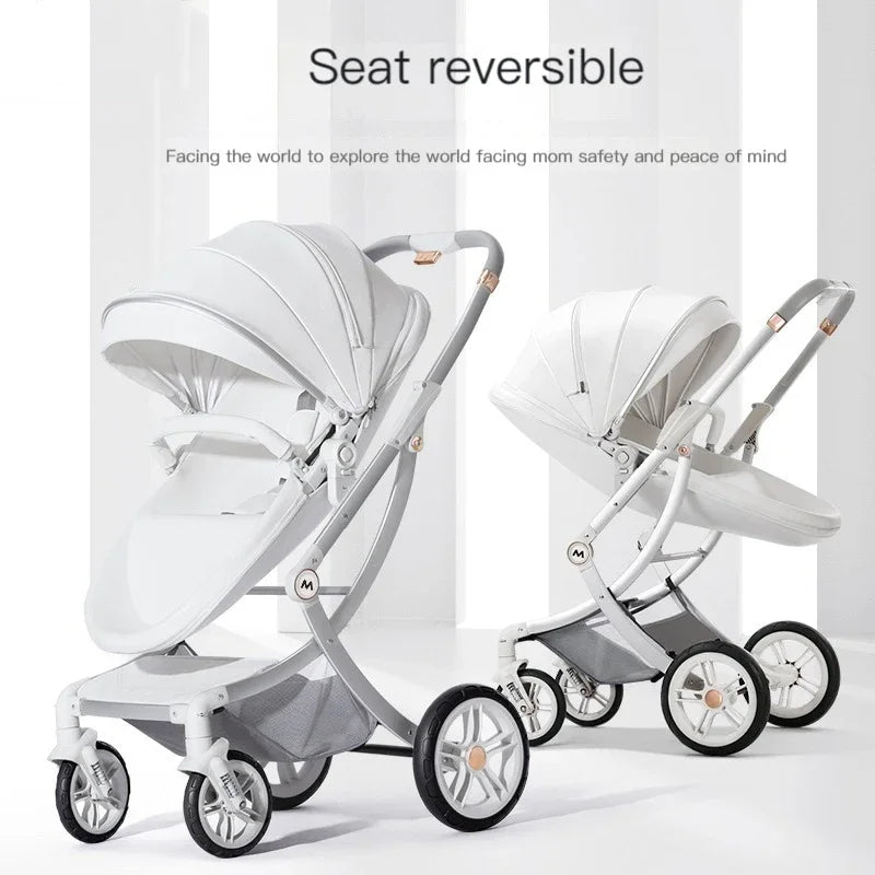 New Luxury Baby Stroller 3 In 1,Baby Carriage with Car Seat,Eggshell Newborn Baby Stroller Leather Baby Carriage High Landscape