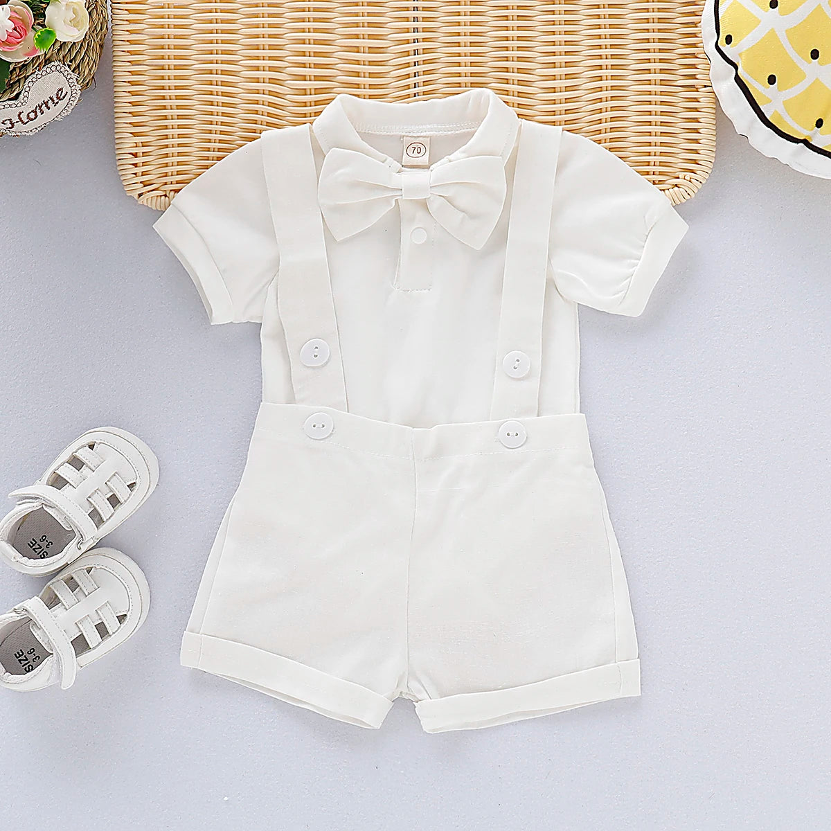 0-24 Months Newborn Baby Boy Gentlemen Clothes Set Bowtie Short Sleeve Cotton Romper + Suspender Pant Summer 2PCS Outfit