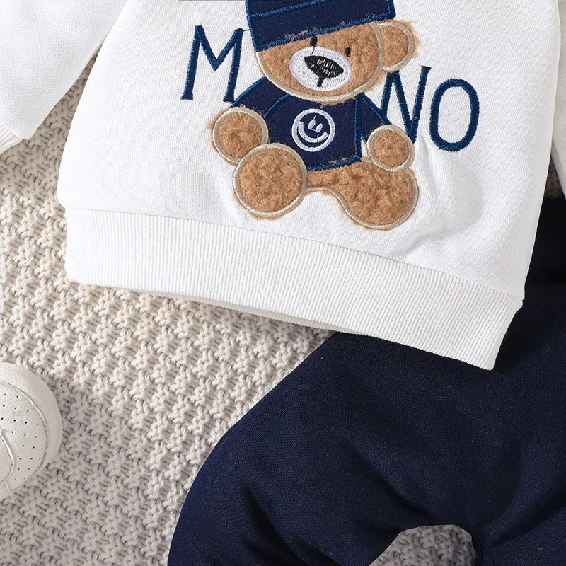 Terno For Kid 3-24Months Casual Cartoon Bear Long Sleeve tee and Navy Pants Outfit Toddler Infant Clothing Set Kids Wear