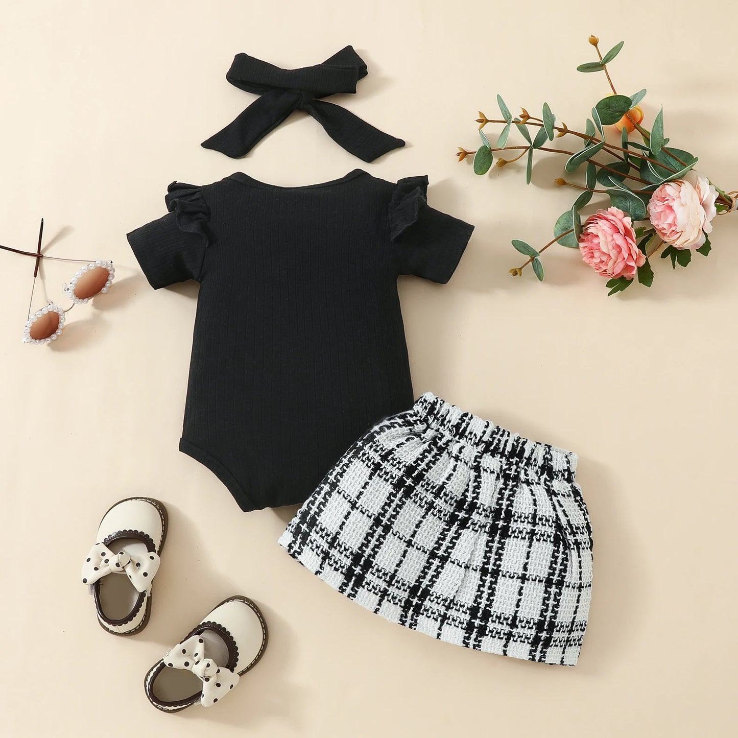 Pudcoco Infant Baby Girls 3 Piece Outfit Ruffles Short Sleeve Rompers Plaid Print Button Skirt Headband Summer Clothes Set 0-18M