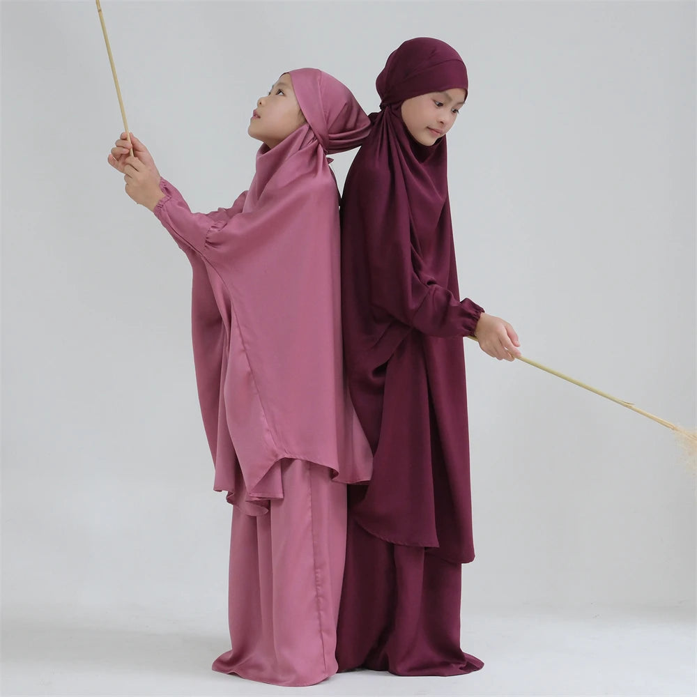 Eid Kids Prayer Garment Dress Muslim Girls Long Khimar Hijab Turkey Abaya Dresses Islamic Skirt Set Full Cover Robe Ramadan