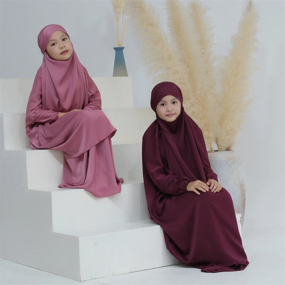 Eid Kids Prayer Garment Dress Muslim Girls Long Khimar Hijab Turkey Abaya Dresses Islamic Skirt Set Full Cover Robe Ramadan