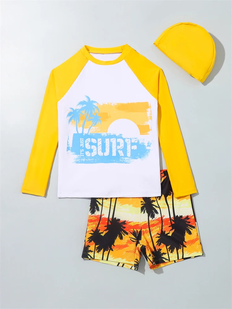 Boy Swimsuit 2024 New Coconut Tree Graffiti Long Sleeves Children Swimwear Summer Kids 2 Piece Beach Wear Swimming Bathing Suit