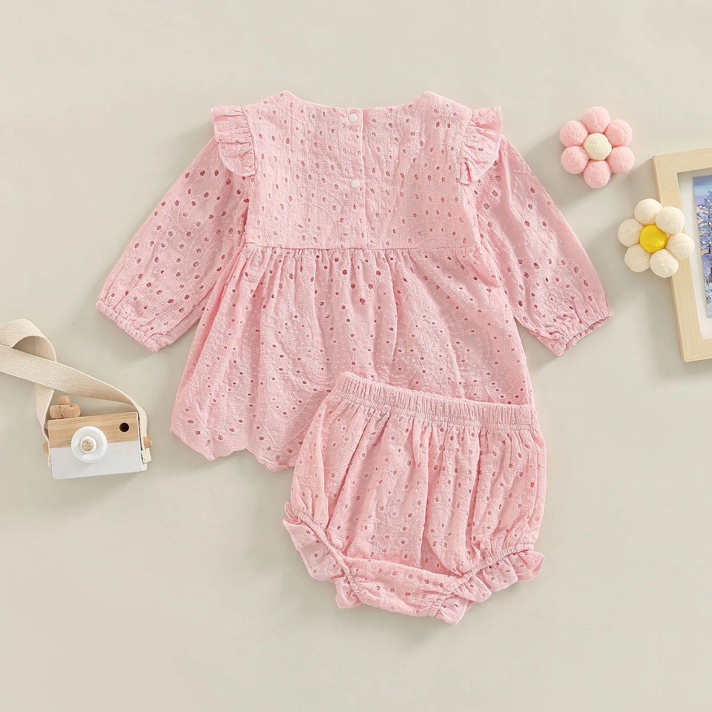 0-24M Toddler Baby Girl Clothes Set Solid Color Cutout Round Neck Long Sleeve T-shirt Tops and Elastic Casual Ruffle Shorts