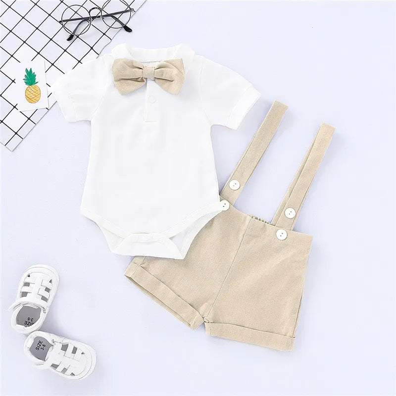 0-24 Months Newborn Baby Boy Gentlemen Clothes Set Bowtie Short Sleeve Cotton Romper + Suspender Pant Summer 2PCS Outfit