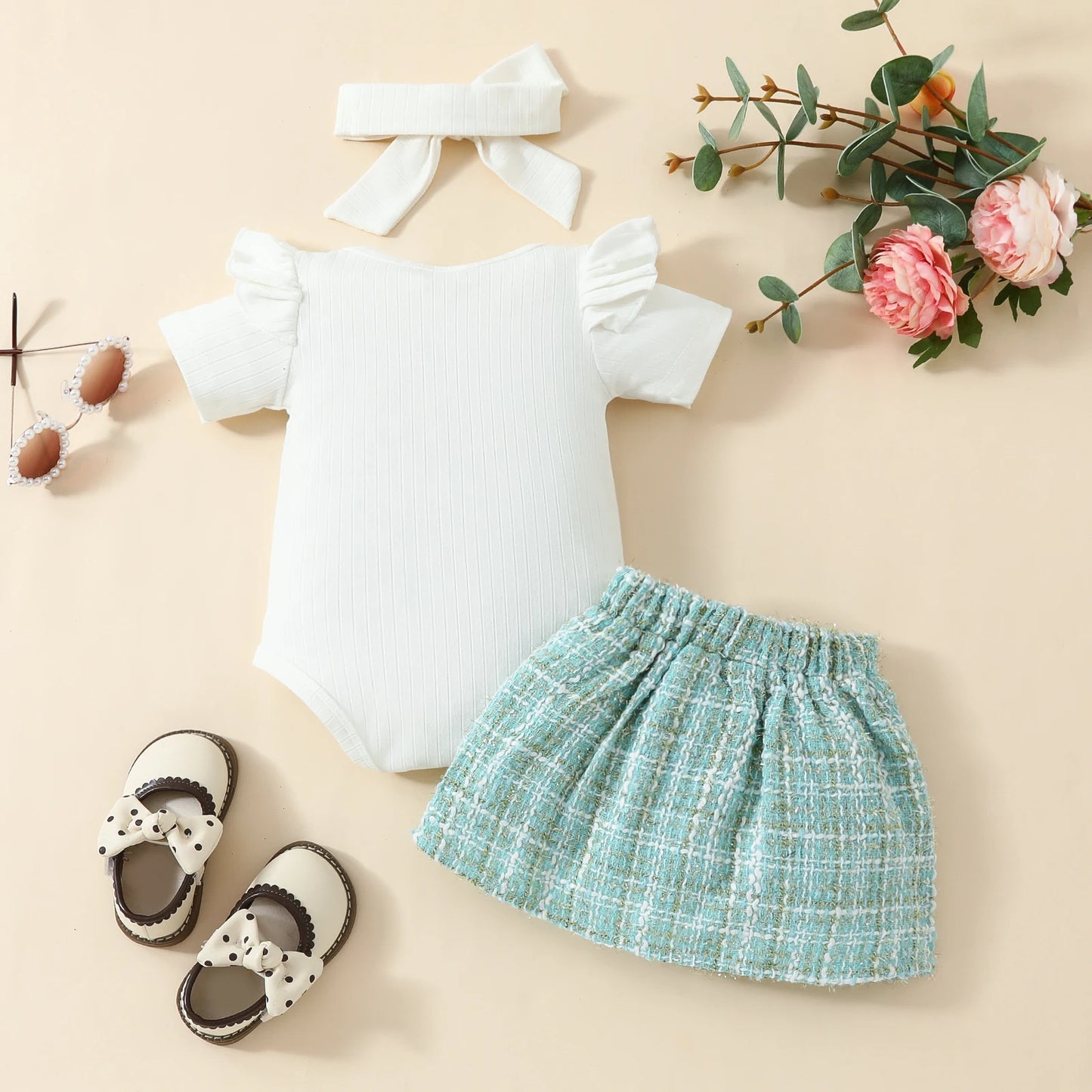 Pudcoco Infant Baby Girls 3 Piece Outfit Ruffles Short Sleeve Rompers Plaid Print Button Skirt Headband Summer Clothes Set 0-18M