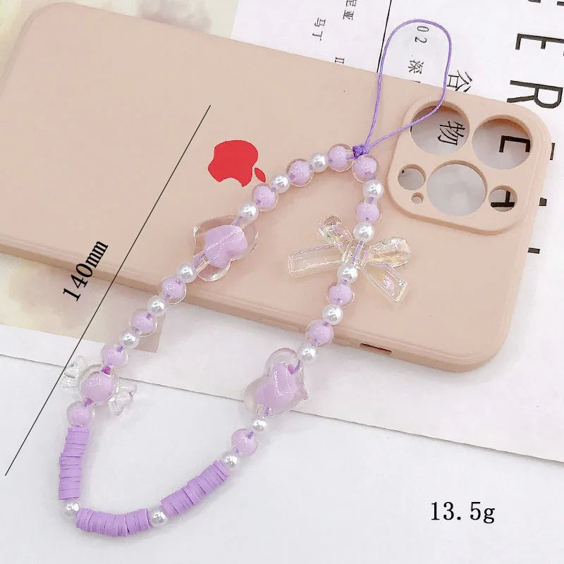 Cute Bear Butterfly Charm Phone Chain Handmade Acrylic Pearl Heart Beaded Pendant Telephone Strap Women DIY Jewelry Accessories