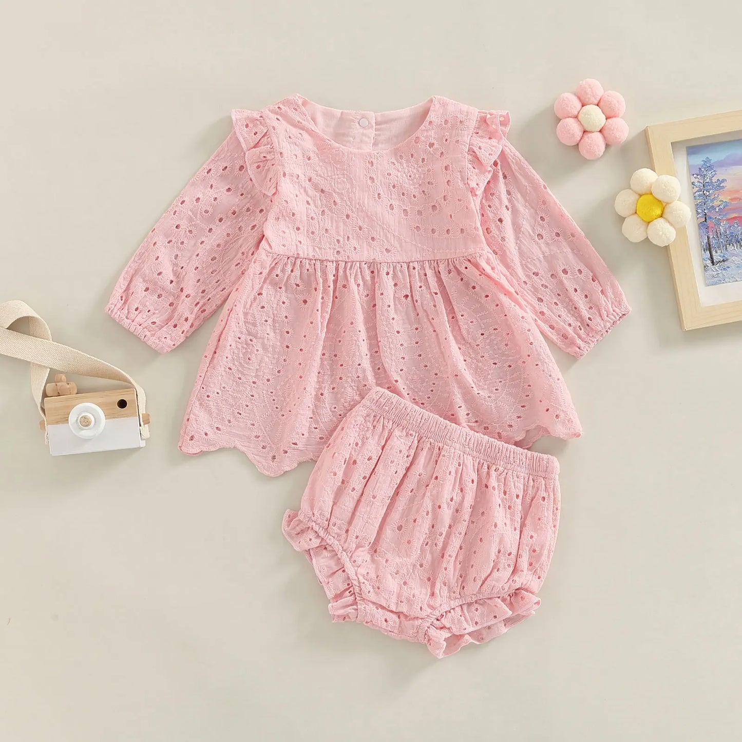 0-24M Toddler Baby Girl Clothes Set Solid Color Cutout Round Neck Long Sleeve T-shirt Tops and Elastic Casual Ruffle Shorts