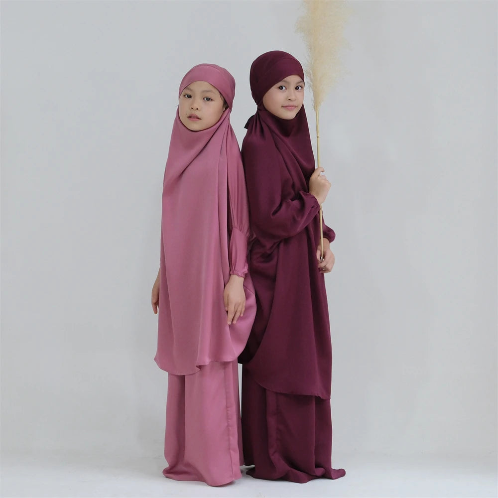 Eid Kids Prayer Garment Dress Muslim Girls Long Khimar Hijab Turkey Abaya Dresses Islamic Skirt Set Full Cover Robe Ramadan